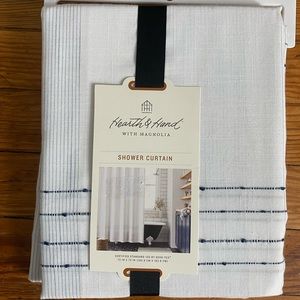Magnolia Hearth and Hand Navy White Pinstriped Shower Curtain.